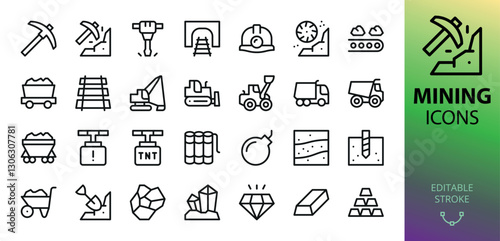 Coal mining icons set. Set of pickaxe, pick, iron ore trolley, miner helmet, tnt, mineral, ingot, coal trolley, digging, quarry dump truck vector icon with editable stroke