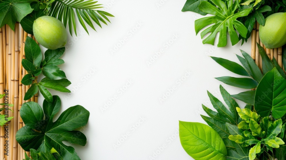 Fototapeta premium Tropical Green Leaves and Mangoes Frame on White Background