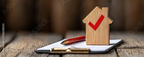 Home Approval Concept Wooden House with Red Check Mark Pen and Documents on Desk Workspace