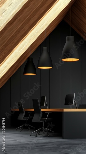 Streamlined Open Office Space with Overhead Lighting and Architectural Beams Workspace Simplicity