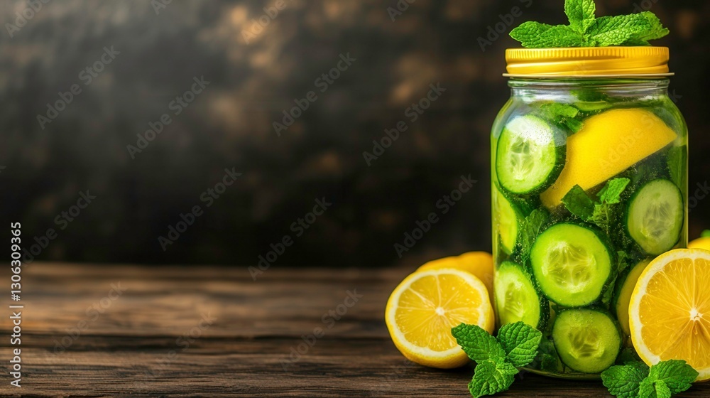 Fototapeta premium Refreshing Detox Water Recipe with Lemon, Cucumber, and Mint Ingredients