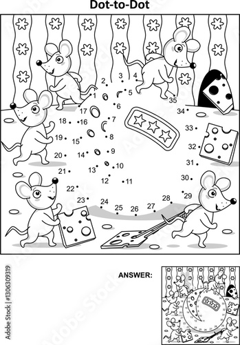 Mice and cheese dot-to-dot game and coloring page. Answer included.
