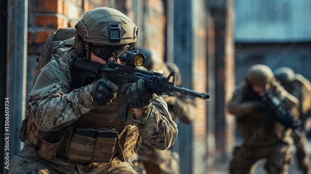 Fototapeta premium Military operation training urban environment photojournalism tactical action close-quarter combat realistic scenario