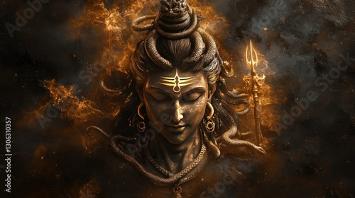 Lord Shiva's face, surrounded by sacred elements like the trident and serpent, evoking a sense of spiritual purity and power
