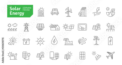 Solar Energy Icons Set. Solar Panel, Green Energy, Sun Energy, Solar Battery, Energy Saving, Solar House, Ecology, Electricity, Renewable Energies Editable Stroke Vector Illustration