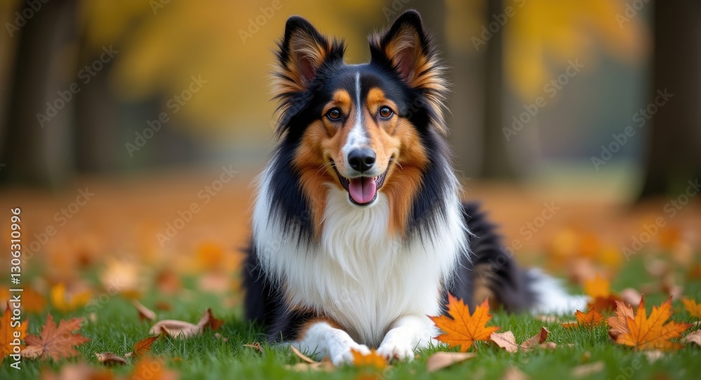 Charming tricolor Shetland Sheepdog relaxing outside on green grass surrounded by autumn leaves. Charming tricolor Shetland Sheepdog relaxing outside on green grass surrounded by autumn leaves.