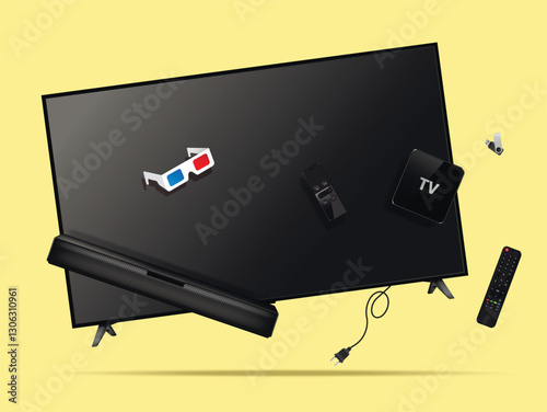 TV screen with digital devices levitation in the air