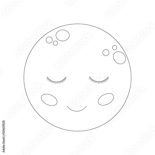 Black and white linear drawing. Moon sleeps and smiles in her sleep. Large anthropomorphic face with craters from comets and asteroids. Cute cartoon character isolated on  white background. Flat.