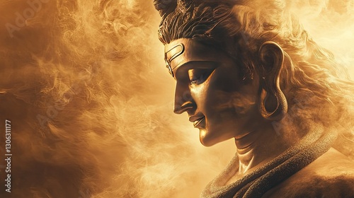 Majestic Lord Shiva face, illuminated by soft light, symbolizing tranquility and cosmic power, with a divine aura around him