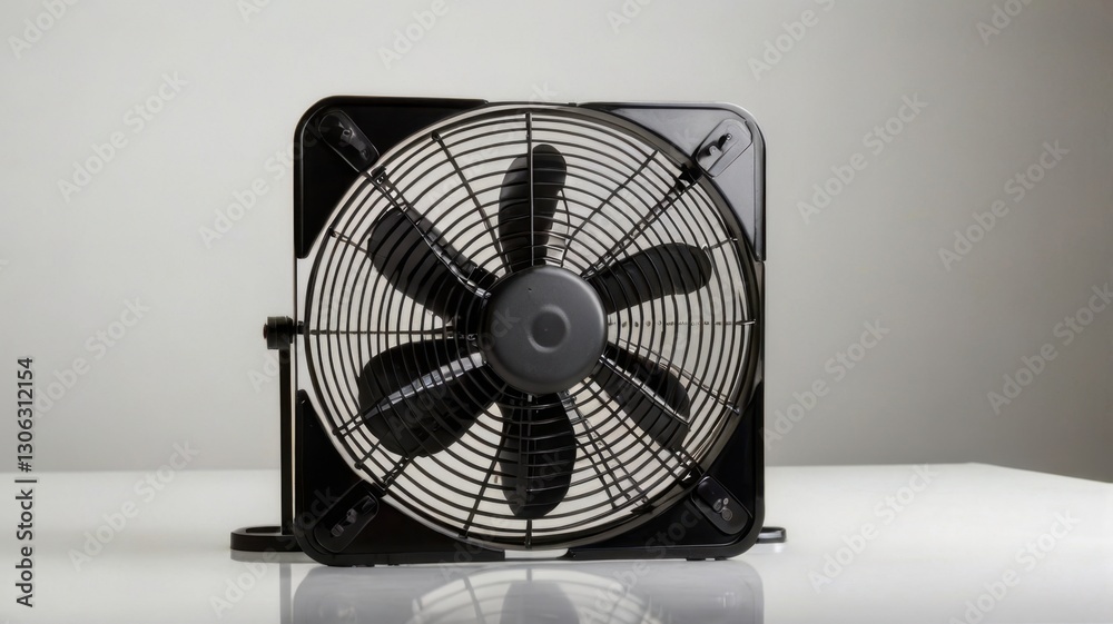 Black Table Fan with Square Shade Isolated on White Reflective Surface Offers Portable Cooling Solution for Home and Office Ventilation Needs Black Table Fan with Square Shade Isolated on White Reflective Surface Offers Portable Cooling Solution for Home and Office Ventilation Needs