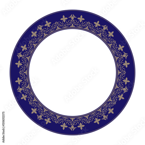 Vintage European round frame with arabesques. Blue gold plate. Vintage round ethnic vector frame with floral ornament. Pattern frame for round surfaces, textile, embroidery, porcelain, embroidery