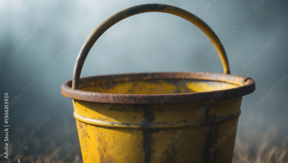 A plain backdrop featuring a yellow metal bucket with a tall handle. A plain backdrop featuring a yellow metal bucket with a tall handle.