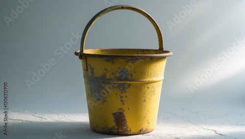 A pale backdrop featuring a yellow metal bucket with an elevated handle.