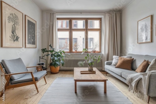 Cozy living room with large window, neutral color palette, wooden furniture, and potted plant.
