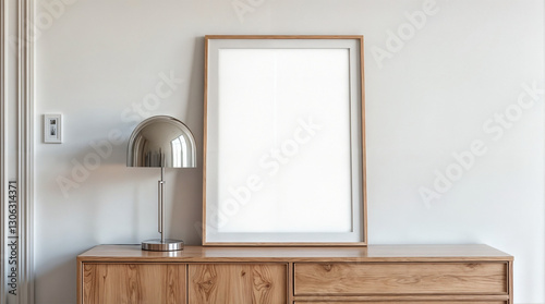 A white framed picture is on a wooden table
