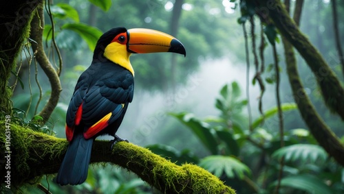 A Toucan observes the lush Colombian rainforest. photo