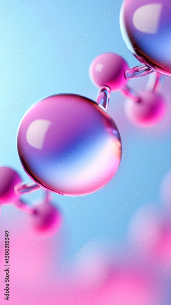 Molecular Structure Render in 3D Displaying Pink Spheres and Transparent Connectors on Light Blue Backdrop