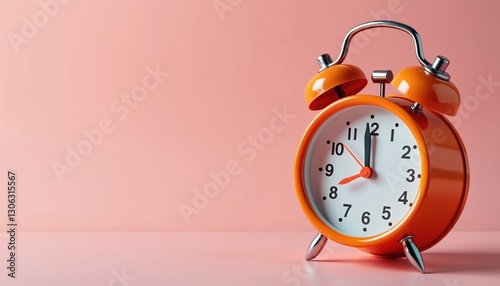 Orange vintage alarm clock on pink background. Retro horologe shows eight oclock. Old-fashioned classic decor element in home interior. Nostalgic antique analog device. Wake-up time concept. Quaint