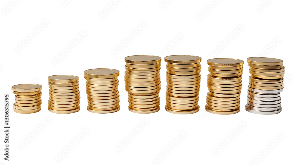 Stacks of golden coins arranged in increasing height, symbolizing financial growth and wealth accumulation, isolated on a white background Stacks of golden coins arranged in increasing height, symbolizing financial growth and wealth accumulation, isolated on a white background