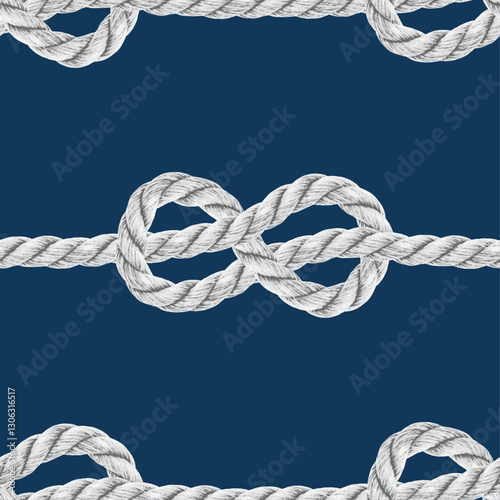 Nautical rope knots navy blue vector pattern. Classic coastal beach white rope bows on dark blue seamless background