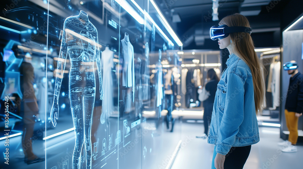 A futuristic retail store where customers interact with holographic product displays, trying on virtual clothing through augmented reality. The store is sleek, tech-driven, and immersive.
A futuristic retail store where customers interact with holographic product displays, trying on virtual clothing through augmented reality. The store is sleek, tech-driven, and immersive.