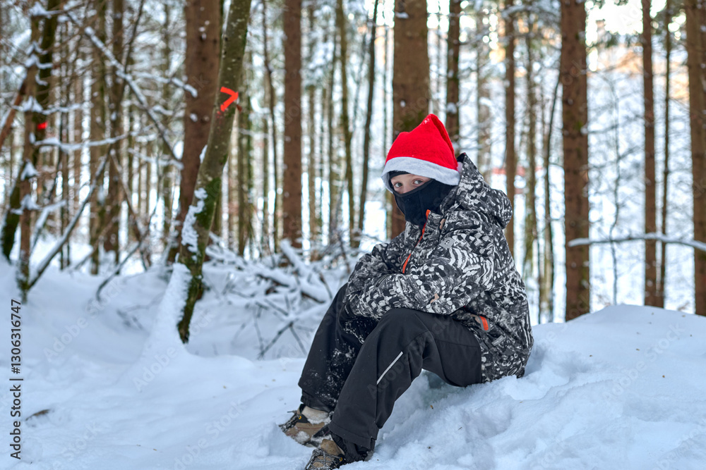 Winter Forest Portrait of Child in Santa Hat and Snow Gear Standing on Snowy Path Among Snow Dusted Trees in Magical Evening Light Winter Forest Portrait of Child in Santa Hat and Snow Gear Standing on Snowy Path Among Snow Dusted Trees in Magical Evening Light