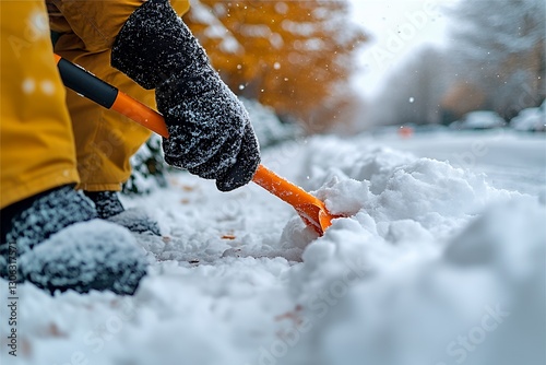 Person Shoveling Snow on Winter Street with Orange Shovel in Focus