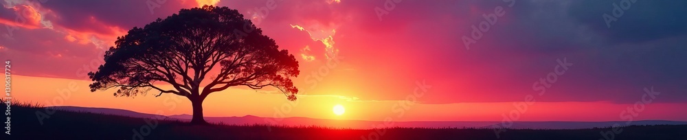 Fototapeta premium A silhouette of a tree against a colorful sunset sky on the horizon, outdoors, dusk, dusk