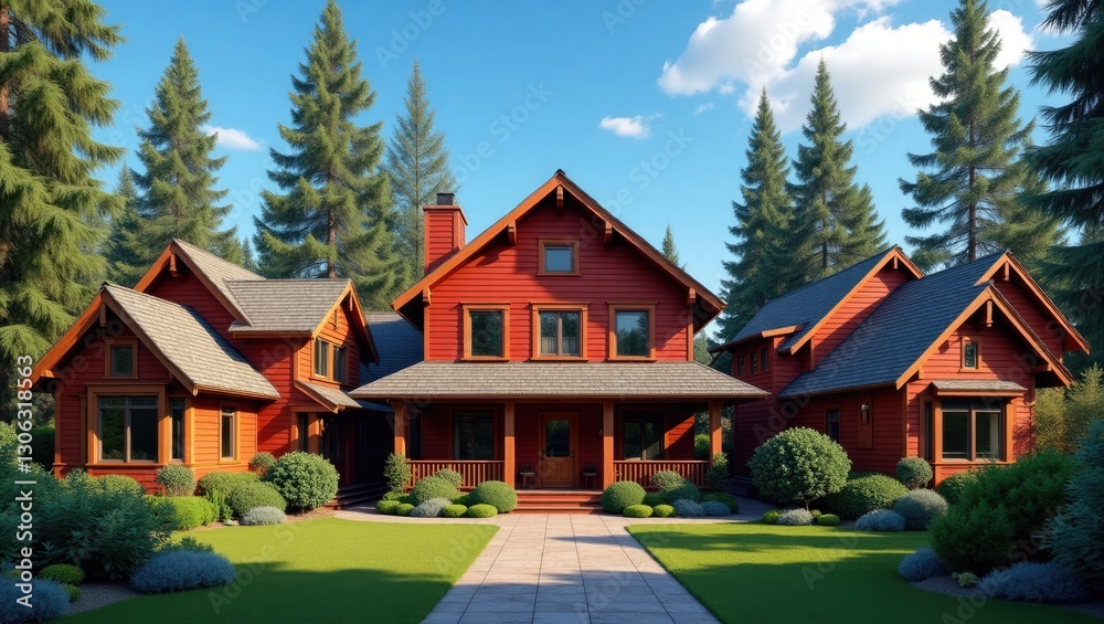 A striking redwood residence stands among a cluster of wooden houses. A unique red home amidst the surrounding structures. A striking redwood residence stands among a cluster of wooden houses. A unique red home amidst the surrounding structures.