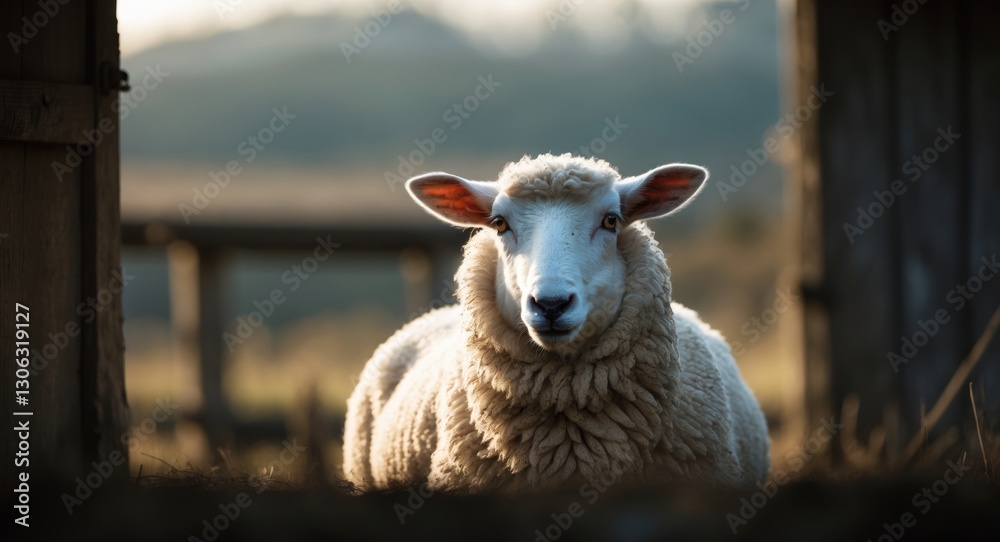 Obraz premium close-up of a white sheep relaxing in a barnyard or farmhouse with selective focus.