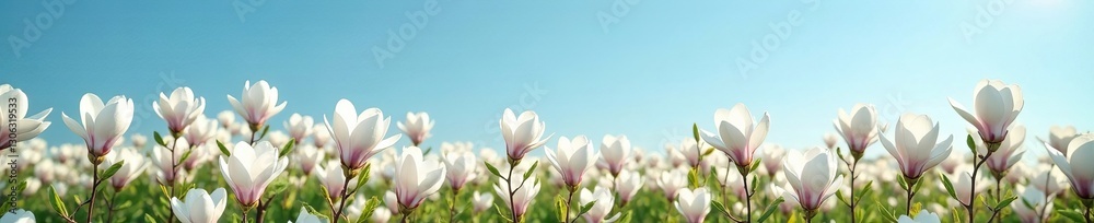 Fototapeta premium Field of blooming white magnolia flowers under a clear blue sky, riot, white, field