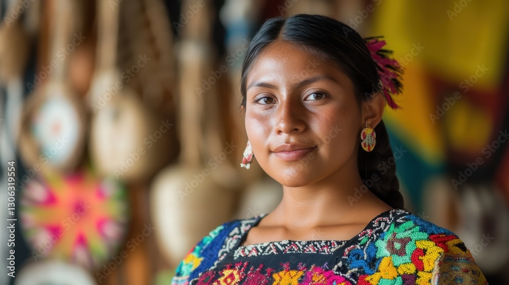 A young Indigenous woman wearing colorful traditional attire poses confidently. Her vibrant accessories and warm smile reflect her rich cultural heritage and identity. A young Indigenous woman wearing colorful traditional attire poses confidently. Her vibrant accessories and warm smile reflect her rich cultural heritage and identity.