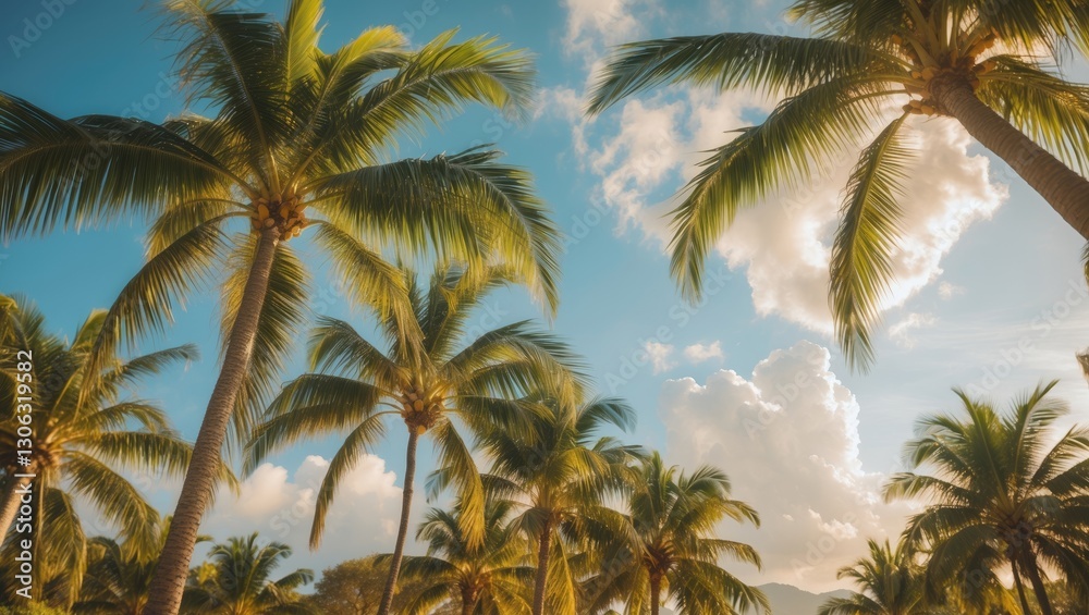 tropical palm trees during summer. resort atmosphere with palms. tropical palm trees during summer. resort atmosphere with palms.