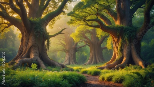 An enchanting forest reminiscent of a fairy tale, featuring towering trees and rich greenery. Backdrop of a digital artwork. photo