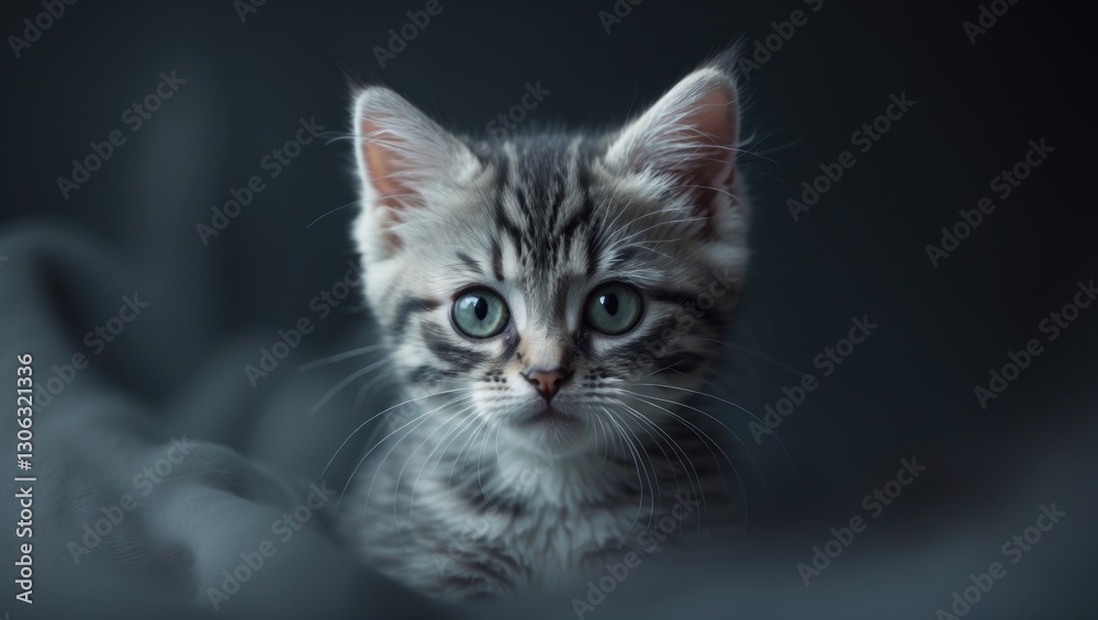 A curious striped kitten gazes at the camera, with a focus on its expressive eyes. A curious striped kitten gazes at the camera, with a focus on its expressive eyes.