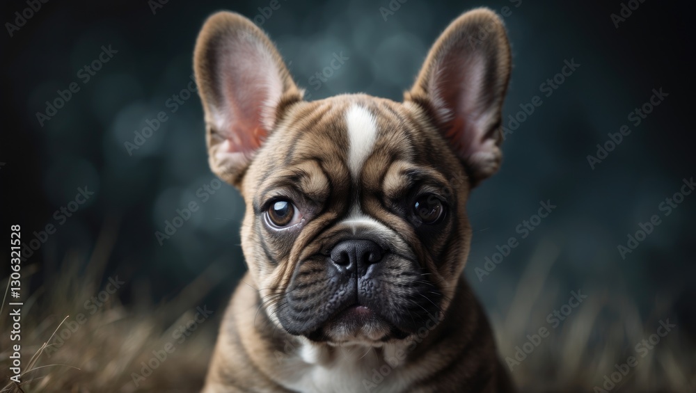 A charming French bulldog puppy is showcased closely against a dark backdrop. A charming French bulldog puppy is showcased closely against a dark backdrop.