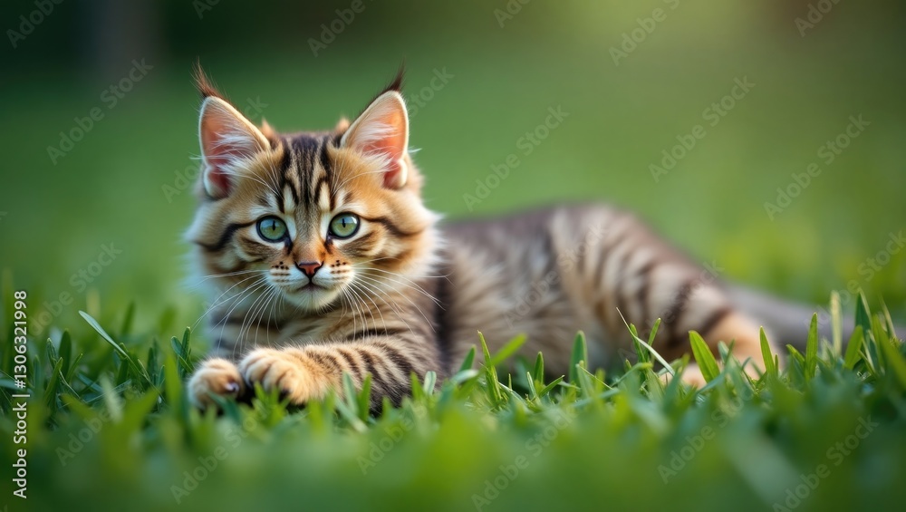 A detailed view of a charming cat resting on lush green grass. A detailed view of a charming cat resting on lush green grass.