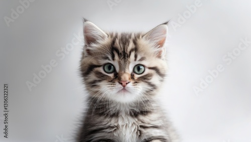 A detailed view of a charming tabby kitten set against a light background.