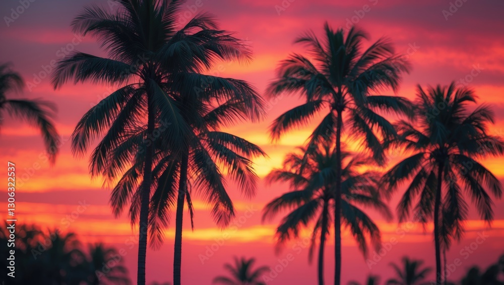 Fototapeta premium palm trees silhouetted by a breathtaking sunset backdrop