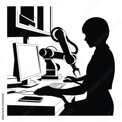 Robotics Engineer at Workstation Silhouette, Vector, Icon, Logo, White Background.