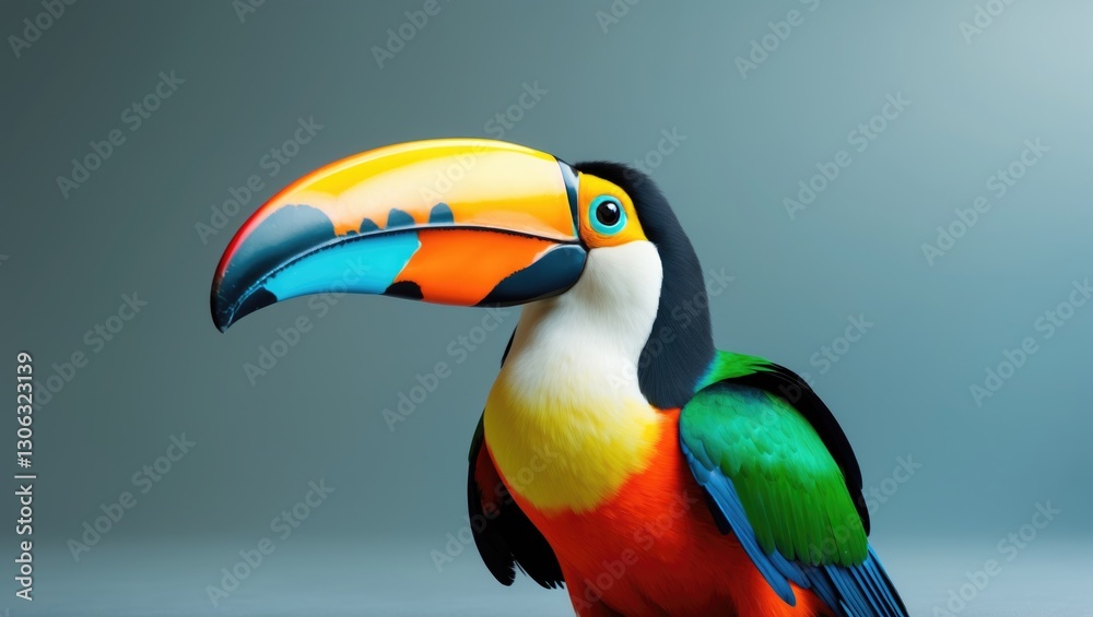 vibrant toucan bird with a large beak against a soft grey-blue backdrop vibrant toucan bird with a large beak against a soft grey-blue backdrop