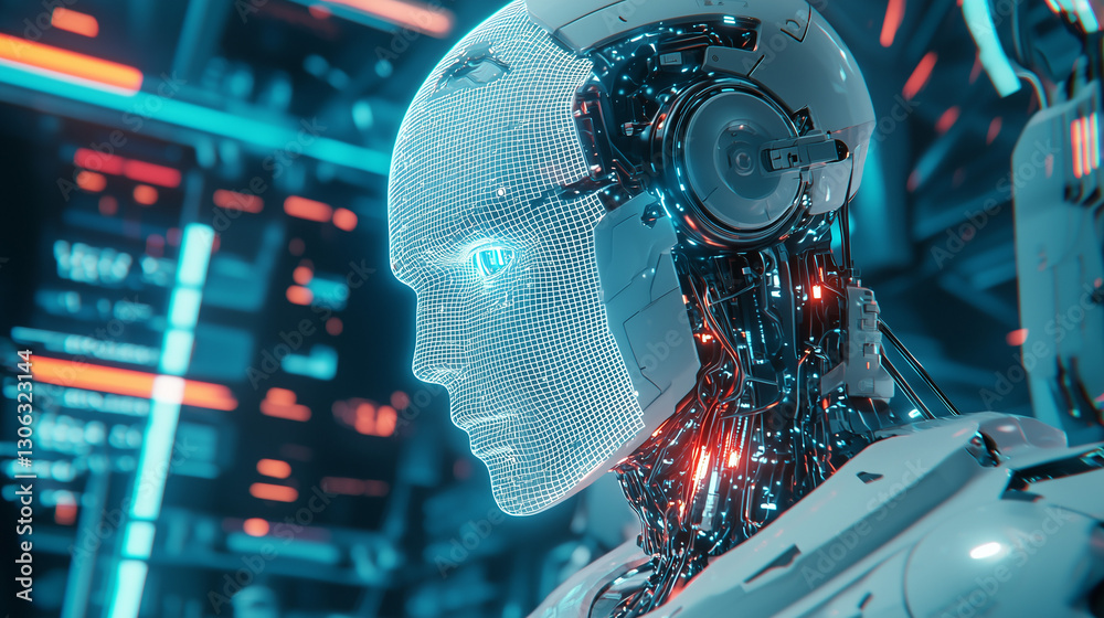 Fototapeta premium A scientist in a futuristic tech lab designs an advanced AI-driven robot, using holographic schematics to visualize and refine the robot’s functionality in a cutting-edge environment. 