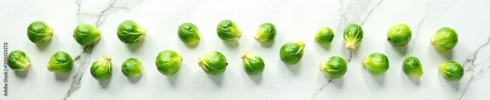 Naklejka premium Minimalist composition of brussels sprouts on white marble backdrop, kitchen, produce