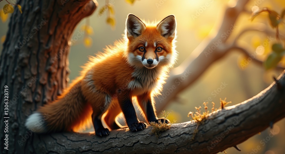 Obraz premium young orange fox perched on a tree branch