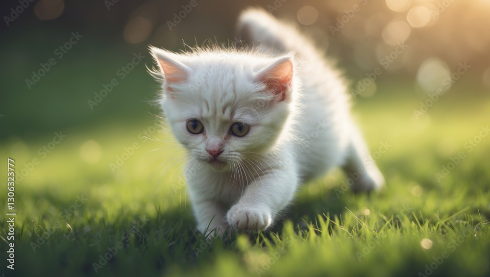 A charming white kitten strolls through the sunlit grass. A charming white kitten strolls through the sunlit grass.
