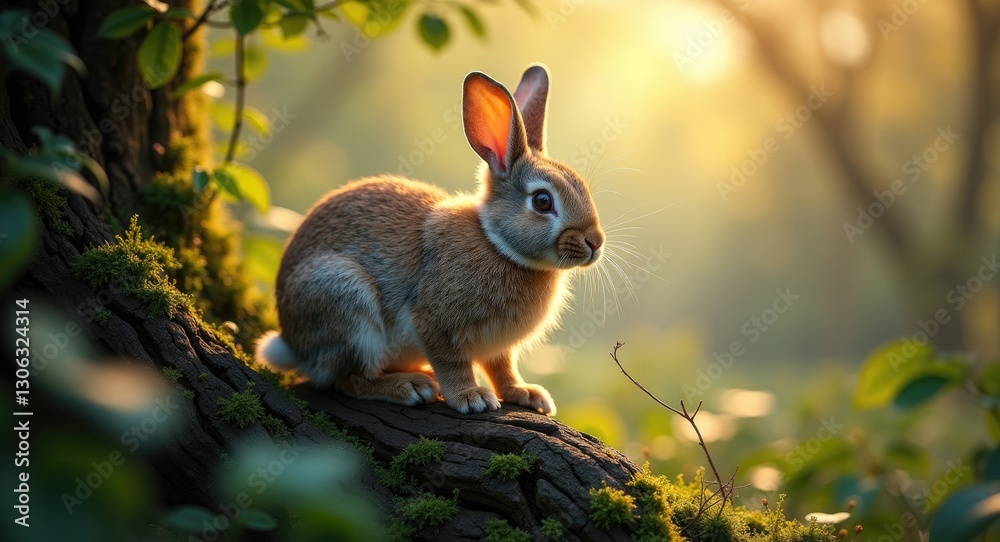 Fototapeta premium bunny perched on a tree log. lovely rabbit.