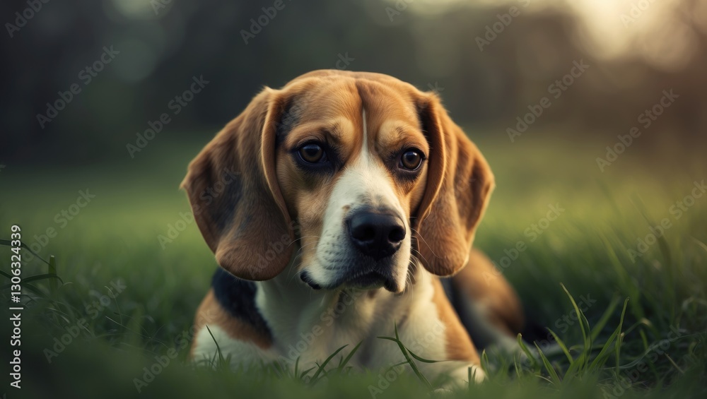 A beagle rests on the grass, avoiding eye contact. A beagle rests on the grass, avoiding eye contact.