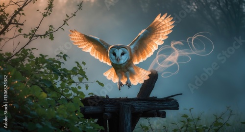 A barn owl launching into flight from its resting spot photo