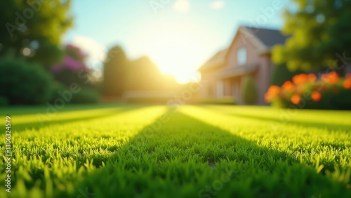 A beautifully striped, freshly mowed lawn in the summer sun.