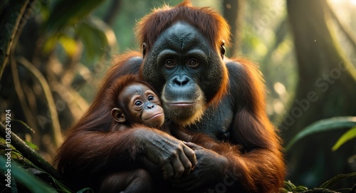 A mother orangutan cuddles her baby in their natural environment, sharing a kiss. Borneo Rainforest. (Pongo pygmaeus)